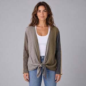 FLAX by Jeanne Engelhart 100% Linen Colorblock Tie Front Cardigan Top Size 2G